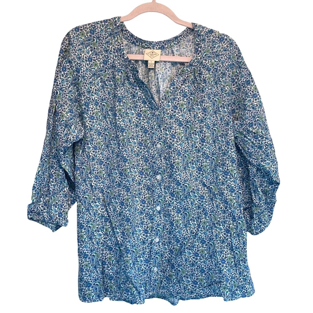 St John's Bay Blouse Large Ditsy Print Floral 3/4 Sleeve Garden Party Feminine